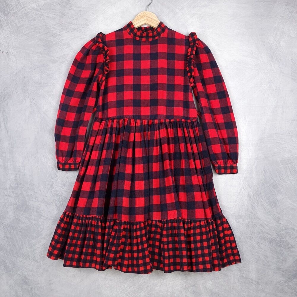 Vintage Yves Saint Laurent Dress Girls 8 Buffalo Check Flannel Ruffle Prairie